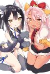  2girls animal_ears bangs bell black_hair black_legwear black_skirt blue_ribbon blush bow breasts cat_ears cat_tail chloe_von_einzbern closed_mouth crop_top dark_skin fang fate/kaleid_liner_prisma_illya fate_(series) feathers fur_trim garter_straps gloves grey_gloves grey_legwear hair_between_eyes hair_bow hair_feathers hair_ornament hairclip highres jingle_bell kneeling long_hair looking_at_viewer mibi miyu_edelfelt multiple_girls open_mouth orange_eyes paw_gloves paws pink_hair ponytail red_bow ribbon simple_background skirt small_breasts stomach_tattoo swept_bangs tail tan tattoo thighhighs thighs twintails white_background yellow_eyes 