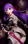  bandaged_arm bandages bare_shoulders black_legwear black_panties blush breasts commentary_request cosplay fate/apocrypha fate/grand_order fate/stay_night fate_(series) gloves huge_breasts jack_the_ripper_(fate/apocrypha) jack_the_ripper_(fate/apocrypha)_(cosplay) kame_kame_happa looking_at_viewer looking_back matou_sakura open_mouth panties purple_eyes purple_hair solo thighhighs underwear 