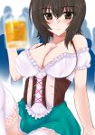  :| alcohol bangs beer beer_mug blouse blurry blurry_background blush breasts brown_eyes brown_hair cleavage closed_mouth commentary corset crowd cup dirndl eyebrows_visible_through_hair frilled_skirt frills german_clothes girls_und_panzer green_skirt holding holding_cup large_breasts looking_at_viewer miniskirt nishizumi_maho off_shoulder oktoberfest short_hair short_sleeves sitting skirt solo soushin_souma thighhighs white_blouse white_legwear 