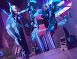  1girl arrow ashe_(league_of_legends) ass backboob blue_eyes blurry bodysuit bow_(weapon) breasts crossbow depth_of_field full_body league_of_legends mirror nikita_varb project:_ashe reflection short_hair skin_tight skindentation weapon white_hair 
