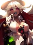  ankh ball_and_chain_restraint black_gloves bodysuit breasts candy eyebrows_visible_through_hair food food_in_mouth gloves guilty_gear guilty_gear_xrd halo high_collar highres jack-o'_valentine jerun jewelry large_breasts lips lollipop long_hair looking_at_viewer multicolored_hair no_bra pendant plunging_neckline red_eyes red_hair solo two-tone_hair white_bodysuit white_hair 