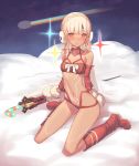  altera_(fate) altera_the_santa bangs bare_shoulders blush boots breasts cloud dark_skin detached_sleeves doyou_tengoku_pikaraji earmuffs fate/grand_order fate_(series) highres looking_at_viewer mittens navel red_eyes red_footwear sheep short_hair sitting sky small_breasts solo star_(sky) starry_sky veil wariza white_hair 