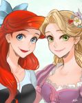  ano_(sbee) ariel_(disney) artist_name black_dress blonde_hair blue_eyes breasts crossover disney dress eyebrows_visible_through_hair eyelashes green_eyes hair_ribbon happy lipstick long_hair looking_at_viewer makeup medium_breasts multiple_girls pink_dress purple_dress rapunzel_(disney) red_hair ribbon shirt simple_background smile tangled the_little_mermaid white_background white_shirt 