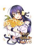  bangs birthday blue_hair bouquet character_name choker dated detached_sleeves english flower hair_flower hair_ornament hairband happy_birthday long_hair looking_at_viewer love_live! love_live!_school_idol_project misoradeko petals solo sonoda_umi wristband yellow_eyes 