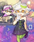  +_+ 2girls ? aori_(splatoon) artist_name bare_shoulders black_dress black_footwear black_hair blurry blurry_background blush breasts collarbone domino_mask dress embarrassed eyebrows_visible_through_hair female food food_on_head gloves green_legwear half-closed_eyes hand_to_own_mouth hand_up have_to_pee hotaru_(splatoon) kakuume leg_up looking_at_another mask medium_breasts mole mole_under_eye multiple_girls nose_blush object_on_head open_mouth pantyhose pointy_ears shiny shiny_hair shoes short_dress short_hair siblings signature sisters smile solo_focus speech_bubble splatoon splatoon_(series) splatoon_1 standing standing_on_one_leg strapless strapless_dress talking tentacle tentacle_hair white_gloves white_hair yellow_eyes 