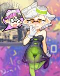 +_+ 2girls aori_(splatoon) artist_name bare_shoulders black_dress black_footwear black_hair blurry blurry_background blush breasts clenched_teeth collarbone crotch_seam crying domino_mask dress embarrassed english_text eyebrows_visible_through_hair female food food_on_head gloves green_legwear hand_to_own_mouth hand_up have_to_pee hotaru_(splatoon) kakuume leg_up looking_down mask medium_breasts mole mole_under_eye multiple_girls nintendo nose_blush o_o object_on_head open_mouth pantyhose peeing peeing_self pointy_ears shiny shiny_hair shoes short_dress short_hair siblings signature sisters solo_focus splatoon splatoon_(series) splatoon_1 standing standing_on_one_leg strapless strapless_dress surprised sweat talking tears teeth tentacle tentacle_hair thigh_gap trembling turn_pale wavy_mouth wet wet_clothes white_gloves white_hair x-ray yellow_eyes 
