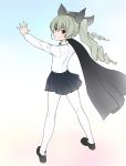  anchovy anzio_school_uniform arms_up bangs black_cape black_footwear black_ribbon black_skirt blue_background cape closed_mouth commentary_request dress_shirt drill_hair eyebrows_visible_through_hair from_behind full_body girls_und_panzer gradient gradient_background green_hair hair_ribbon loafers long_hair long_sleeves looking_at_viewer looking_back miniskirt pantyhose pleated_skirt red_eyes ribbon school_uniform shirt shoes skirt smile solo standing twin_drills twintails wata_do_chinkuru white_background white_legwear white_shirt wind 