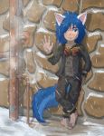  animal_humanoid armor barefoot blue_hair bracers clothing dakkawolf dirty eyewear goggles hair humanoid looking_at_viewer male pants shirt shota smile snow steam steampunk teal_eyes waving wolf_humanoid young 