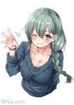  1girl alternate_costume alternate_hairstyle aqua_eyes aqua_hair blue_sweater blush braid breasts cleavage closed_mouth ebifurya eyebrows_visible_through_hair grey_eyes grey_sweater hair_between_eyes hair_ornament hairclip highres kantai_collection large_breasts long_hair looking_at_viewer one_eye_closed ribbed_sweater simple_background single_braid smile solo suzuya_(kantai_collection) sweater twitter_username upper_body white_background 