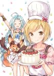  :d :q ^_^ ahoge apron arms_up bangs beige_apron blonde_hair blue_bow blue_hair blush bow braid brown_eyes cake chef_hat closed_eyes closed_mouth collarbone confetti djeeta_(granblue_fantasy) dragon eyebrows_visible_through_hair food fruit granblue_fantasy hair_ornament hairclip hat holding holding_plate long_hair looking_at_viewer low_twintails lyria_(granblue_fantasy) multiple_girls open_mouth outstretched_arms parted_bangs pink_shirt plate pleated_skirt puffy_short_sleeves puffy_sleeves shirt short_hair short_sleeves simple_background skirt smile strawberry tongue tongue_out toque_blanche twin_braids twintails upper_teeth vee_(granblue_fantasy) very_long_hair wataame27 white_apron white_background white_hat white_skirt 
