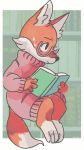  almond barefoot book brown_fur canine clothing cub eyewear fluffy fox fur glasses lana_(paraphore) librarian long_sleeves male mammal markings nerd paraphore reading solo sweat sweater turtleneck white_markings young 