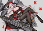  azur_lane bangs black_gloves black_legwear breasts cleavage fur_trim gloves graf_zeppelin_(azur_lane) hair_between_eyes hat high_heels highres iron_cross large_breasts legs long_hair looking_at_viewer military military_uniform pantyhose parted_lips peaked_cap red_eyes saimon_ma silver_hair solo uniform 