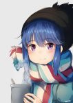  bangs beanie black_hat blue_hair blue_jacket blush closed_mouth commentary_request cup eyebrows_visible_through_hair grey_background hair_between_eyes hat jacket long_hair looking_at_viewer purple_eyes scarf shima_rin signature simple_background smile solo steam striped striped_scarf sylphine yurucamp 
