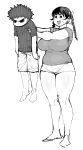  1girl angry belly black_eyes black_hair braid breasts clothes_writing dekkano!! denim denim_shorts full_body hair_bobbles hair_ornament happy height_difference highres huge_breasts lifting_person long_hair mucchan muffin_top open_mouth plump shirt short_hair short_shorts shorts size_difference sketch smile spiked_hair standing suzurikawa_sasha synecdoche t-shirt thick_thighs thighs twin_braids 