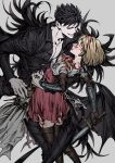  1girl belial_(granblue_fantasy) black_hair black_shirt blonde_hair blood brown_eyes djeeta_(granblue_fantasy) dress gauntlets granblue_fantasy hairband komo_(sleepy) pectorals pink_dress puffy_short_sleeves puffy_sleeves red_eyes shirt short_hair short_sleeves smile 