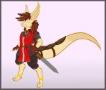  2015 anthro armor blue_eyes brown_hair clothing digital_media_(artwork) digitigrade dragon ear_piercing fur furred_dragon hair jewelry male melee_weapon mirroid mirroidal piercing sheidan_(mirroidal) simple_background smile solo sword tan_fur tunic weapon 