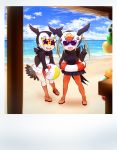  absurdres atlantic_puffin_(kemono_friends) ball beach beachball bird_tail bird_wings black_hair bow commentary eyebrows_visible_through_hair fuji_takanasu head_wings highres innertube jacket kemono_friends kneehighs multicolored_hair multiple_girls open_mouth pantyhose photo_(object) pleated_skirt polaroid red_footwear red_hair red_legwear scarf short_hair skirt star-shaped_eyewear sunglasses sweater tufted_puffin_(kemono_friends) v white_hair wings 