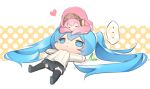  2girls animal animal_on_head blue_eyes blue_hair chibi eyes_closed hatsune_miku headphones heart holding_spring_onion light_smile long_hair lying multiple_girls on_back on_head polka_dot polka_dot_background sitting sitting_on_head sitting_on_person skirt spring_onion sweater takoluka tentacle thighhighs twintails very_long_hair vocaloid wanaxtuco 