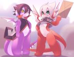  5_fingers ambiguous_gender anthro black_hair blurred_background bottomless clothed clothing dragon duo envelope featureless_crotch green_eyes hair looking_at_viewer rudragon smile white_hair wings yellow_eyes 