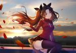  andy_h ass black_hair black_legwear black_skirt blush commentary_request fate/stay_night fate_(series) hair_ribbon long_hair looking_at_viewer petals purple_eyes red_sweater ribbon skirt sweater thighhighs toosaka_rin 