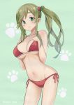  bikini breasts cowboy_shot eyebrows_visible_through_hair green_background green_eyes green_hair hair_bobbles hair_ornament hands_on_own_chest highres inuyama_aoi large_breasts looking_at_viewer paw_print red_bikini ryan_edian side-tie_bikini side_ponytail simple_background solo swimsuit thick_eyebrows yurucamp 