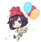  :d backpack bag balloon beanie black_eyes black_footwear black_hair blush brown_shirt chibi commentary_request confetti gen_7_pokemon green_shorts hat holding looking_at_viewer maodouzi mizuki_(pokemon) open_mouth pokemon pokemon_(game) pokemon_sm red_hat rowlet shirt shoes short_shorts short_sleeves shorts simple_background smile solo upper_teeth white_background 