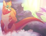  anthro blue_fur blue_nose canine detailed_background dog featureless_crotch forest fur green_eyes male mammal nude orange_fur rudragon tree waterfall white_fur 