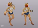  2018 anthro barefoot brown_eyes canine coyote digital_media_(artwork) female gym_shorts hair holding_object mammal midriff navel orange_hair simple_background solo standing wolfirry 