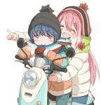  :d ^_^ beanie blue_hair blush closed_eyes commentary down_jacket gloves ground_vehicle hat hatopoo_(beach7pijon) hug jacket kagamihara_nadeshiko long_hair moped motor_vehicle multiple_girls open_mouth pink_hair pointing pointing_finger scarf scooter shima_rin smile yamaha yamaha_vino yurucamp 