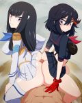  1boy 2girls 3: abs arm_support ascot ass ass-to-ass black_hair blue_eyes blue_neckwear breasts buttjob clothed_female_nude_male double_buttjob epaulettes eyebrows_visible_through_hair gloves highres huge_ass junketsu kill_la_kill kiryuuin_satsuki large_breasts light_blush long_hair looking_down matoi_ryuuko merunyaa midriff miniskirt multicolored_hair multiple_girls nude penis red_gloves red_neckwear sailor_collar senketsu shiny shiny_skin short_hair skirt streaked_hair sweatdrop thighhighs uncensored uniform white_legwear 