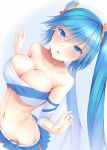  aqua_eyes aqua_hair arms_up blonde_hair blush breasts cheerleader cleavage collarbone dutch_angle hips kiseno large_breasts league_of_legends long_hair looking_at_viewer midriff navel open_mouth out_of_frame skirt sona_buvelle stomach tied_hair twintails 