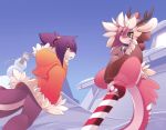  anthro blue_eyes building christmas clothing detailed_background dragon fish green_eyes hair holidays hoodie house mako_(rudragon) marine pink_hair purple_hair ru_(rudragon) rudragon shark snow snowman yellow_sclera 