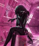  3d_(artwork) alien alien_(franchise) black_body black_skin black_tail break_(disambiguation) brush claws crossed_legs cute digital_media_(artwork) eyeless hi_res humanoid invalid_tag laugh lighting paint paintbrush pink_color sitting smile smoking smoking_break spacecraft teeth tubes vehicle work xenomorph 