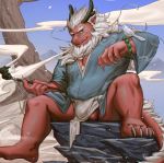  anthro barazoku beads beard body_hair braided_hair bulge chest_hair close-up dragon eastern_dragon facial_hair hair horn kemono looking_at_viewer male mature_male moziqiao musclegut navel nipples old pecs pipe red_body scalie smoke smoking solo whiskers white_hair 