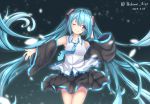  aihime_riyo aqua_eyes aqua_hair cowboy_shot detached_sleeves hatsune_miku long_hair necktie one_eye_closed skirt smile solo twintails very_long_hair vocaloid 