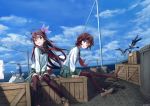  absurdres bird box brown_eyes brown_hair chamu_(chammkue) cloud crescent crescent_moon_pin day gradient_hair green_skirt hair_ornament highres kantai_collection kisaragi_(kantai_collection) loafers long_hair multicolored_hair multiple_girls mutsuki_(kantai_collection) neckerchief ocean on_box outdoors pantyhose pleated_skirt red_eyes red_hair school_uniform seagull serafuku shoes shore short_hair sitting sitting_on_box skirt sky thighhighs zettai_ryouiki 