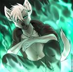  2018 5_fingers angiewolf anthro black_nose blue_eyes clothed clothing digital_media_(artwork) eyebrows hair hyena male mammal navel pants smile solo white_hair 