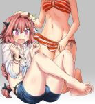  1boy 1girl astolfo_(fate) bangle bangs bare_arms bare_legs barefoot bead_bracelet beads bikini bikini_under_clothes black_bikini_bottom black_bow blush bow bracelet braid breasts bulge cleavage clenched_hands collarbone collared_shirt commentary_request crop_top d: denim denim_shorts erection eyebrows_visible_through_hair eyelashes fang fate/apocrypha fate/grand_order fate_(series) feet flower fujimaru_ritsuka_(female) futa_with_male futanari gradient gradient_background grey_background groin hair_between_eyes hair_bow hair_flower hair_intakes hair_ornament halter_top halterneck hand_on_another's_head hands_up head_out_of_frame imminent_rape jewelry kneeling knees_up large_penis long_hair long_sleeves magifuro male_focus multicolored_hair navel necklace o-ring o-ring_bikini open_mouth otoko_no_ko penis penis_awe penis_in_swimsuit pink_hair purple_eyes shirt short_shorts shorts side-tie_bikini simple_background single_braid sitting sleeves_folded_up small_breasts solo_focus stomach streaked_hair striped striped_bikini surprised sweatdrop swimsuit testicles tied_shirt toes two-tone_hair v-shaped_eyebrows very_long_hair white_hair white_shirt wide-eyed wing_collar 