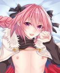  :d areolae astolfo_(fate) bangs bed_sheet black_bow black_shirt blush bow braid commentary_request eyebrows_visible_through_hair eyelashes fang fate/apocrypha fate_(series) fingernails from_above fur-trimmed_cloak fur_collar fur_trim hair_between_eyes hair_bow hair_intakes hand_up lips long_hair long_sleeves looking_at_viewer lying male_focus multicolored_hair nipples on_back open_mouth otoko_no_ko pink_hair purple_eyes raised_eyebrows shirt shirt_lift shisei_(kyuushoku_banchou) single_braid smile solo streaked_hair turtleneck two-tone_hair upper_body white_cloak white_hair 