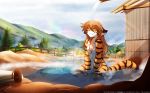  16:10 2018 anthro bathing breasts brown_hair building casual_nudity chest_tuft detailed_background digitigrade eyes_closed featureless_breasts feline female fence flora_(twokinds) fur hair hi_res keidran kneeling mammal multicolored_fur nude orange_fur outside partially_submerged pond shower showering small_breasts smile solo sound_effects striped_fur stripes tiger tom_fischbach tree tuft twokinds webcomic wet white_fur 