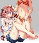  1boy 1girl astolfo_(fate) bangle bangs bar_censor bare_arms bare_legs barefoot bead_bracelet beads bikini bikini_under_clothes black_bikini_bottom black_bow blush bow bracelet braid breasts bulge censored cleavage clenched_hands collarbone collared_shirt commentary_request crop_top d: denim denim_shorts erection eyebrows_visible_through_hair eyelashes fang fate/apocrypha fate/grand_order fate_(series) feet flower fujimaru_ritsuka_(female) futa_with_male futanari gradient gradient_background grey_background groin hair_between_eyes hair_bow hair_flower hair_intakes hair_ornament halter_top halterneck hand_on_another's_head hands_up head_out_of_frame imminent_rape jewelry kneeling knees_up large_penis long_hair long_sleeves magifuro male_focus multicolored_hair navel necklace o-ring o-ring_bikini open_mouth otoko_no_ko penis penis_in_swimsuit pink_hair purple_eyes shirt short_shorts shorts side-tie_bikini simple_background single_braid sitting sleeves_folded_up small_breasts solo_focus stomach streaked_hair striped striped_bikini surprised sweatdrop swimsuit testicles tied_shirt toes two-tone_hair v-shaped_eyebrows veins veiny_penis very_long_hair white_hair white_shirt wide-eyed wing_collar 