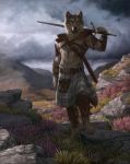  2018 4_toes 5_fingers amazing_background amber_eyes anthro armor black_nose canine caraid day detailed_background digital_media_(artwork) fur grass grey_fur holding_object holding_weapon kilt male mammal melee_weapon outside sky solo sword toes unconvincing_armor weapon wolf 