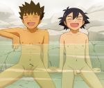 2boys blush flaccid male_focus multiple_boys nipples nude outdoors penis pokemon pokemon_(anime) satoshi_(pokemon) sitting smile takeshi_(pokemon) testicles water wet 