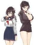  bad_id bad_twitter_id belial_(granblue_fantasy) black_hair black_shirt breasts brown_hair doushite genderswap genderswap_(mtf) granblue_fantasy large_breasts multiple_girls red_eyes sandalphon_(granblue_fantasy) school_uniform serafuku shirt smile 