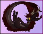  2015 anthro black_fur brown_hair curled_up cute digital_media_(artwork) digitigrade dragon fur furred_dragon glowing glowing_eyes hair horn mirroid mirroidal multi_ear nude sairlan_(mirroidal) simple_background smile solo yellow_eyes 