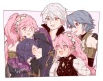  3girls azur_(fire_emblem) bare_shoulders blush braid cape fire_emblem fire_emblem:_kakusei fire_emblem_heroes fire_emblem_if gloves grey_hair hairband jewelry kona_(rabbitrabbit2037) lazward_(fire_emblem_if) long_hair male_my_unit_(fire_emblem:_kakusei) mark_(female)_(fire_emblem) mark_(fire_emblem) midriff multiple_boys multiple_girls my_unit_(fire_emblem:_kakusei) navel olivia_(fire_emblem) open_mouth pink_hair ponytail smile soleil_(fire_emblem_if) tiara twin_braids white_hair 