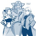  2018 alphonse_elric anthro armor basitin clothed clothing coat cosplay cybernetic_arm cybernetics edward_elric feline female flora_(twokinds) fullmetal_alchemist fur group hair holding_object human keidran keith_keiser looking_at_viewer machine male mammal midriff monochrome open_mouth parody prosthetic_limb simple_background sketch smile striped_fur stripes tiger tom_fischbach tools trace_legacy twokinds webcomic white_background winry_rockbell wrench 