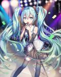  aqua_eyes aqua_hair detached_sleeves hatsune_miku long_hair microphone microphone_stand music necktie open_mouth roang singing skirt solo thighhighs twintails very_long_hair vocaloid 
