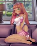  2018 3_toes anthro breasts brown_hair buckteeth clothed clothing digital_media_(artwork) female green_eyes hair inside kneeling lagomorph long_ears looking_at_viewer mammal one_eye_closed panties pink_nose rabbit shirt skirt solo striped_panties tawni_tailwind teeth toes underwear wink 