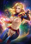  1girl abs absurdres artist_name belt blonde_hair blue_bodysuit blue_eyes bodysuit breasts captain_marvel carol_danvers clenched_hand closed_mouth earrings energy fingerless_gloves forehead gloves highres impossible_bodysuit impossible_clothes jewelry large_breasts lips looking_at_viewer marvel medium_breasts motion_blur nail_polish nipples nudtawut_thongmai paid_reward patreon_reward patreon_username pink_nails pussy shiny shiny_skin skin_tight sky smile star_(sky) starry_sky stud_earrings uncensored v-shaped_eyebrows 